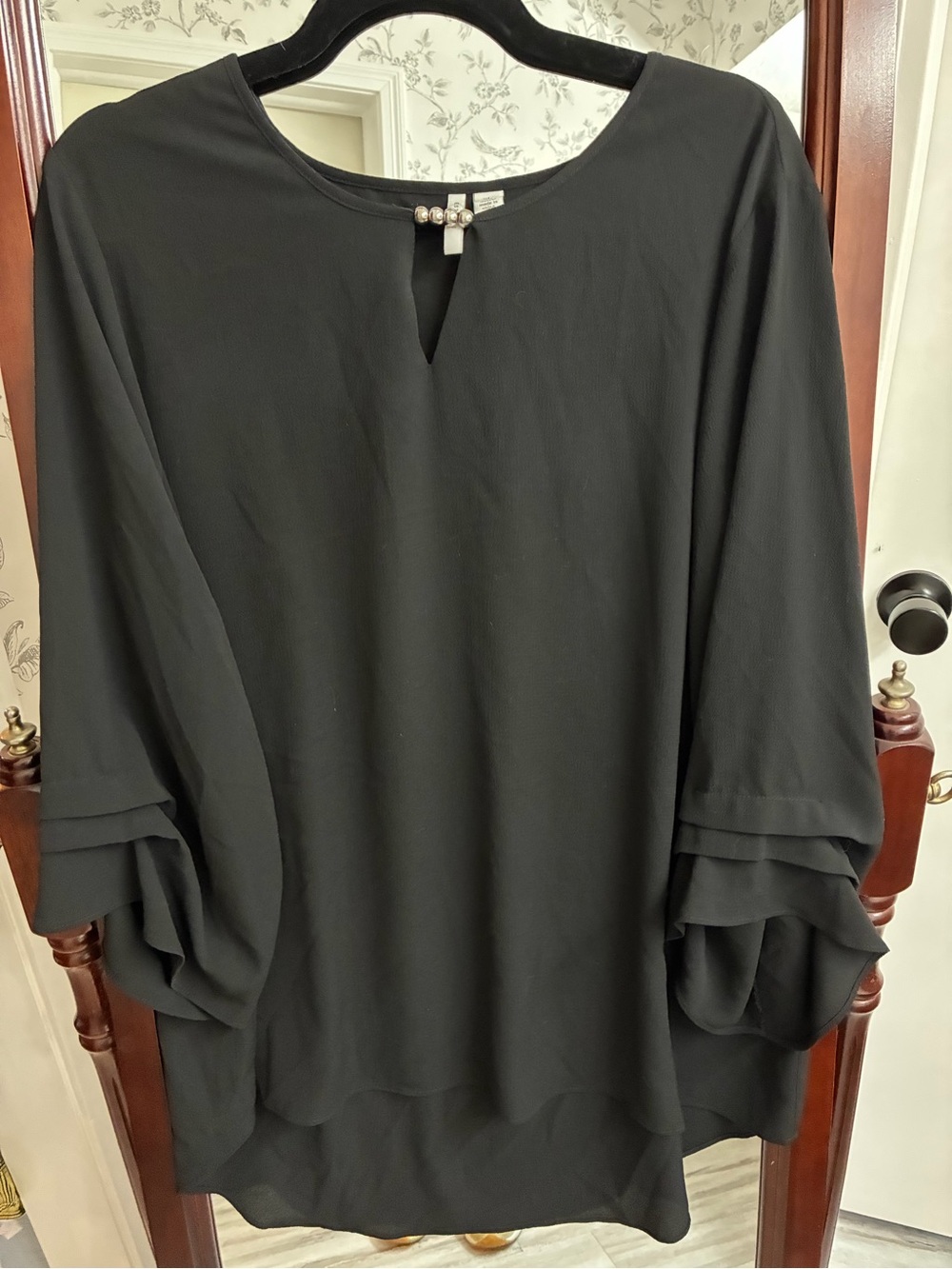 Cato Black Layered Dolman-Sleeve Tunic with Decorative Neck Accent